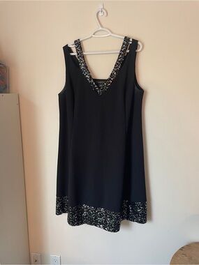 Michel Studio 20 Black Sleeveless V-Neck Mini Dress with Sequin Trim